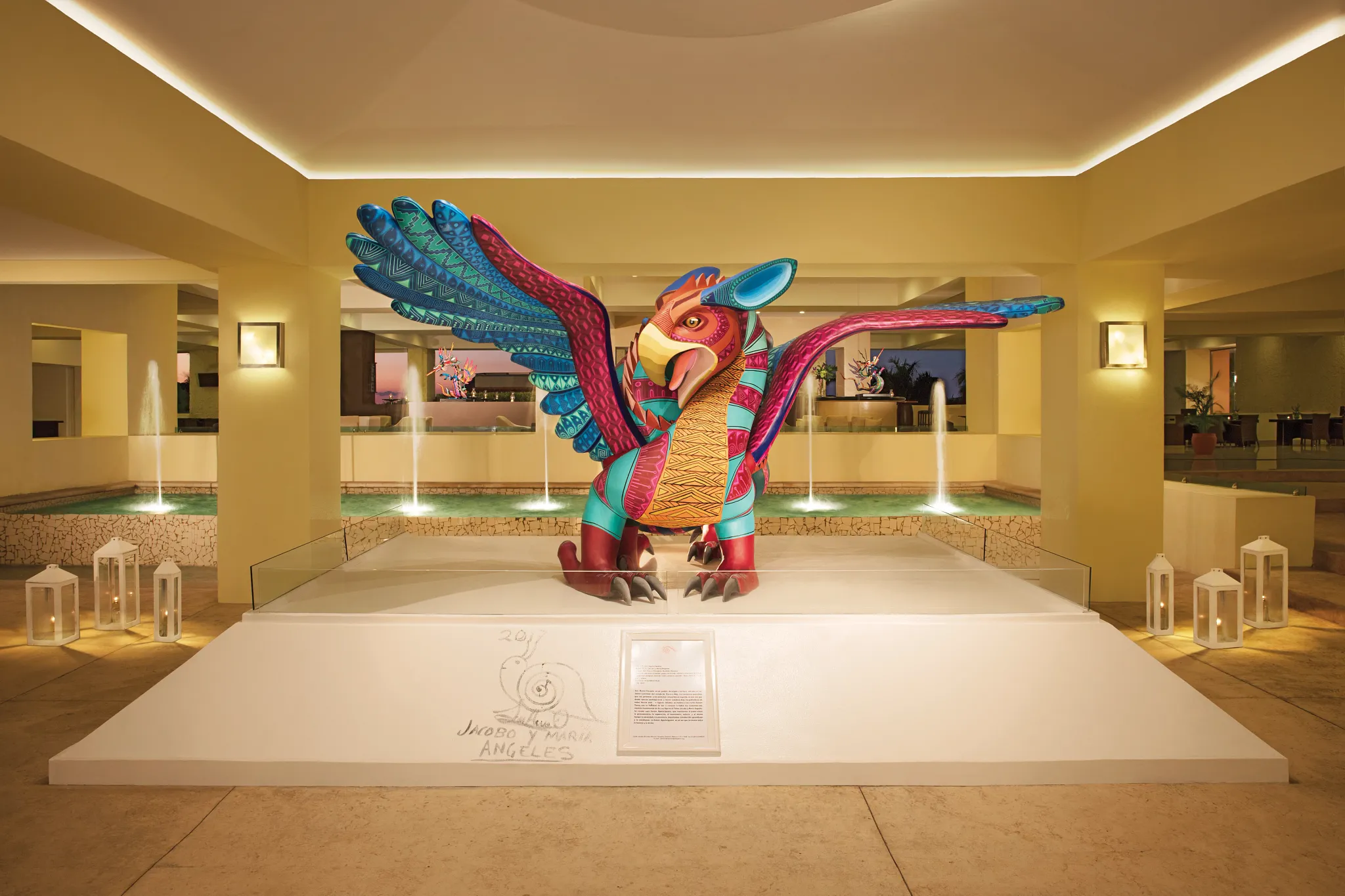 Colorful alebrije sculpture displayed in the lobby of Dreams Huatulco Resort & Spa.