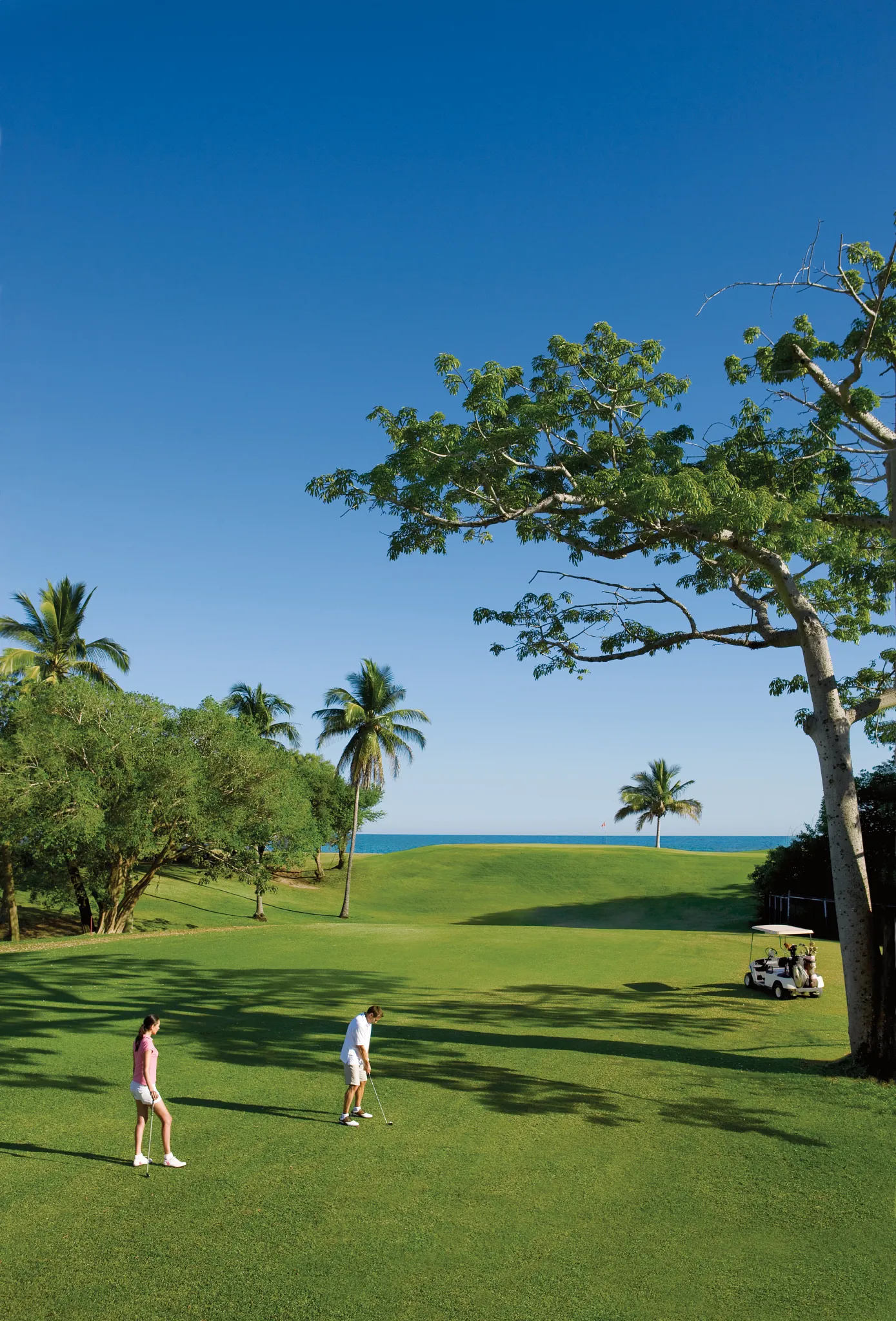 Guests playing golf on an oceanfront course surrounded by tropical scenery near Dreams Huatulco Resort & Spa.
