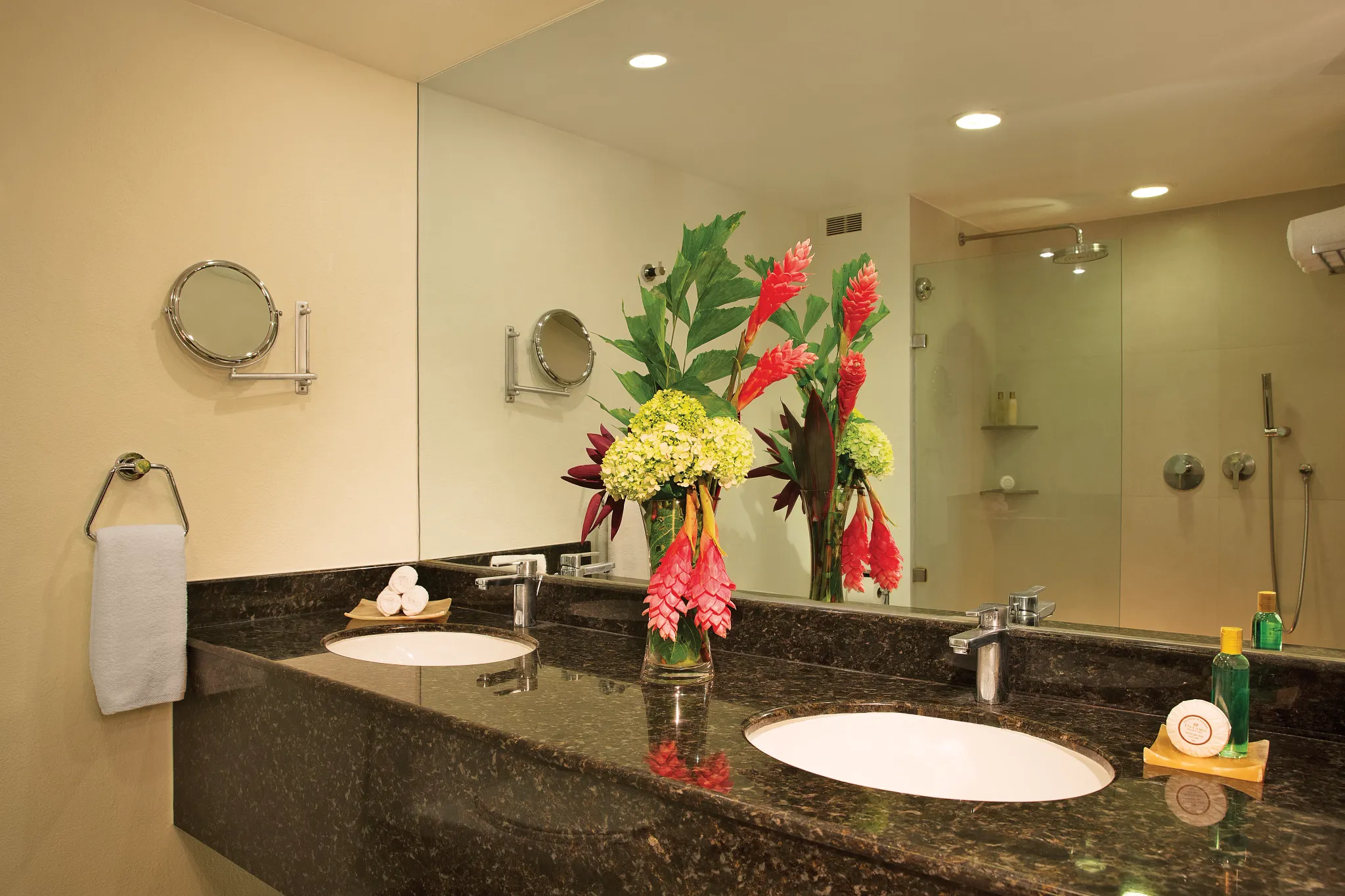 Preferred Club Deluxe Ocean Front bathroom with modern vanity and glass-enclosed shower at Dreams Huatulco Resort & Spa.