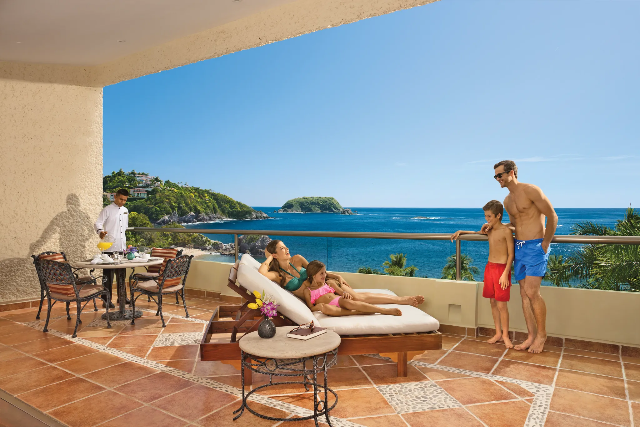 Oceanfront terrace with swim-out access at Preferred Club Presidential Suite at Dreams Huatulco Resort & Spa.